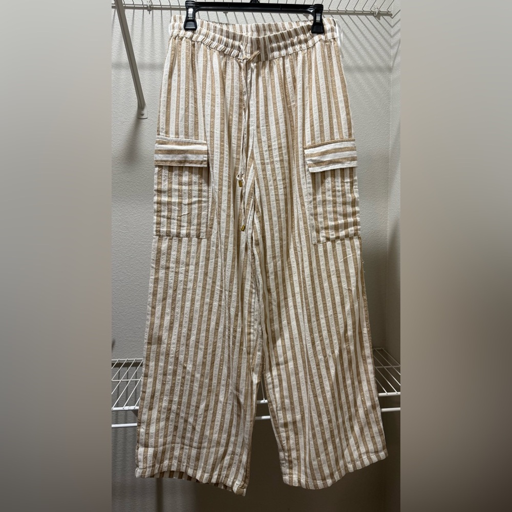 Cato Tan and White Striped Wide Leg Jumpsuit